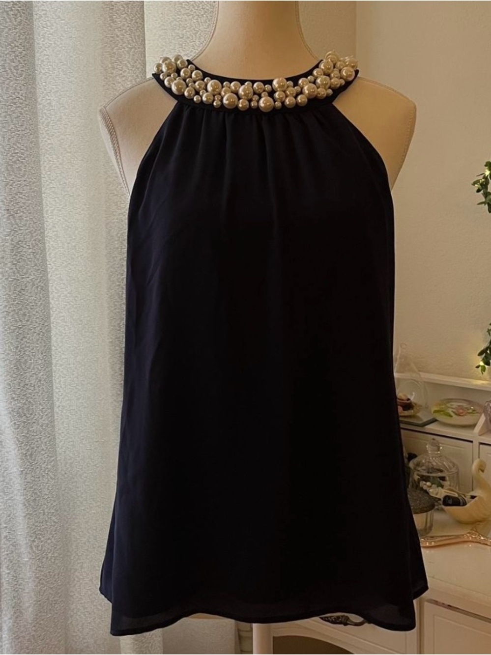 Lilly Pulitzer Navy Pearl-Embellished Halter Top